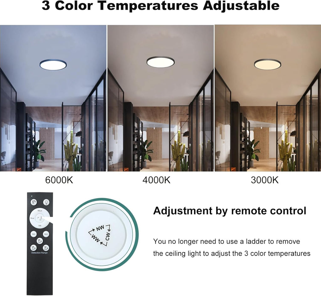 2 Pack Motion Sensor Ceiling Light with Remote,24w Flush Mount Light Fixture Round,Motion Sensor Light Indoor Wired for Hallway Porch Laundry Garage Basement,Motion Light 3000k/4000k/6000k Black