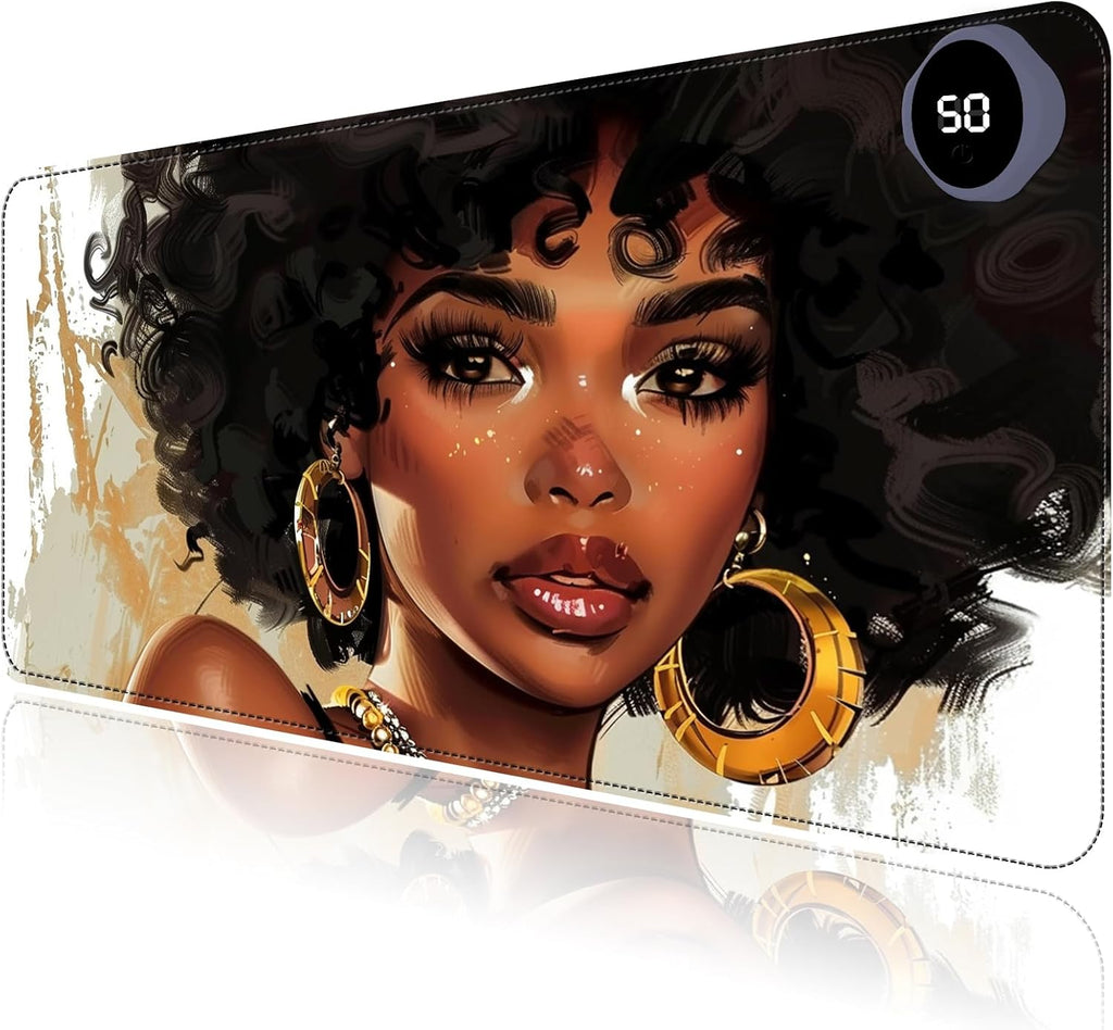 Heated Mouse Pad with 3 Levels Heated & 3 Hours Auto Shut-Off Mouse Pad for Warming Hands in Office Home, 23.6" x 14.2"Large Safe Desk Mat Hand Warmer，Girl with Short Hair