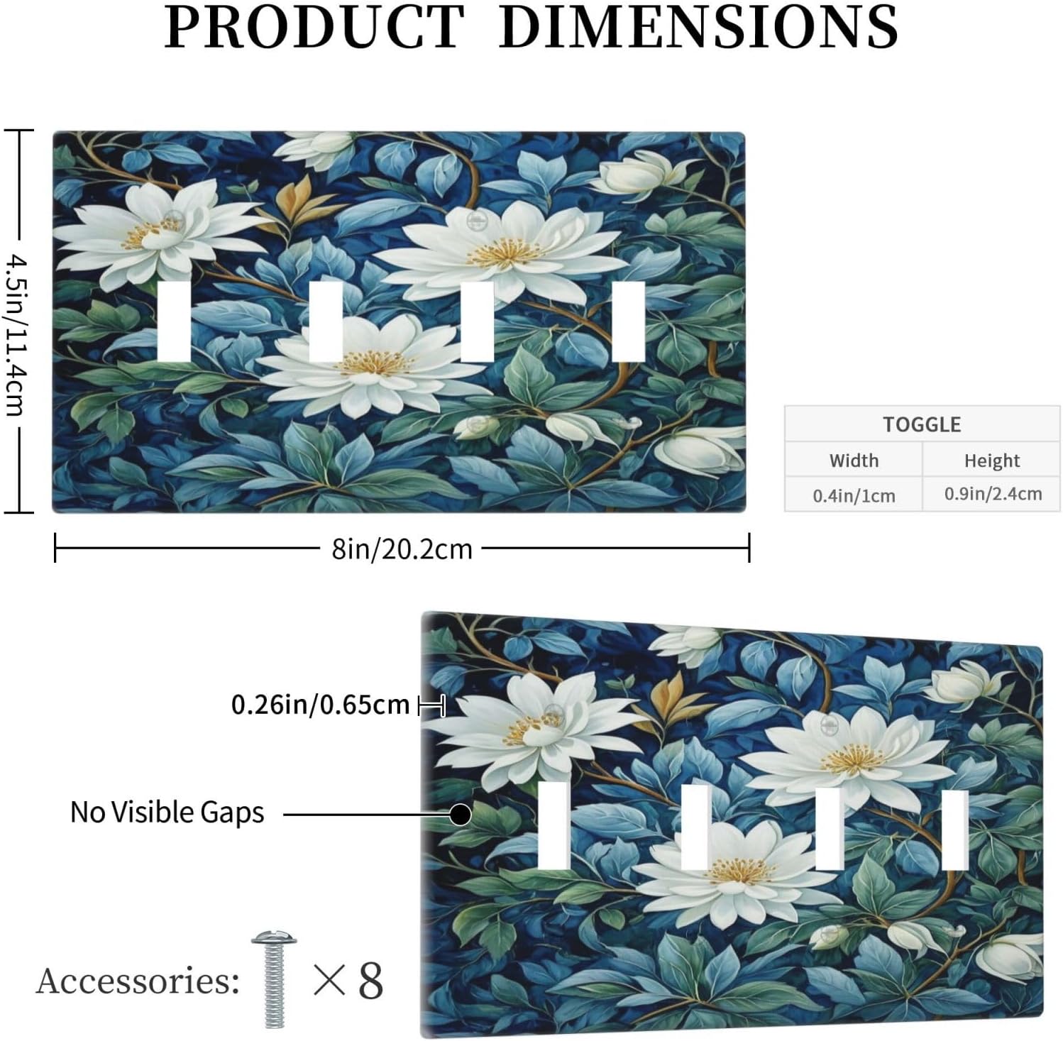 White Flowers Green Leaves Light Switch Covers Quad Toggle 4 Gang Wall Plate Decorative Switchplate Electrical Faceplate for Farmhouse Bathroom Living Decor