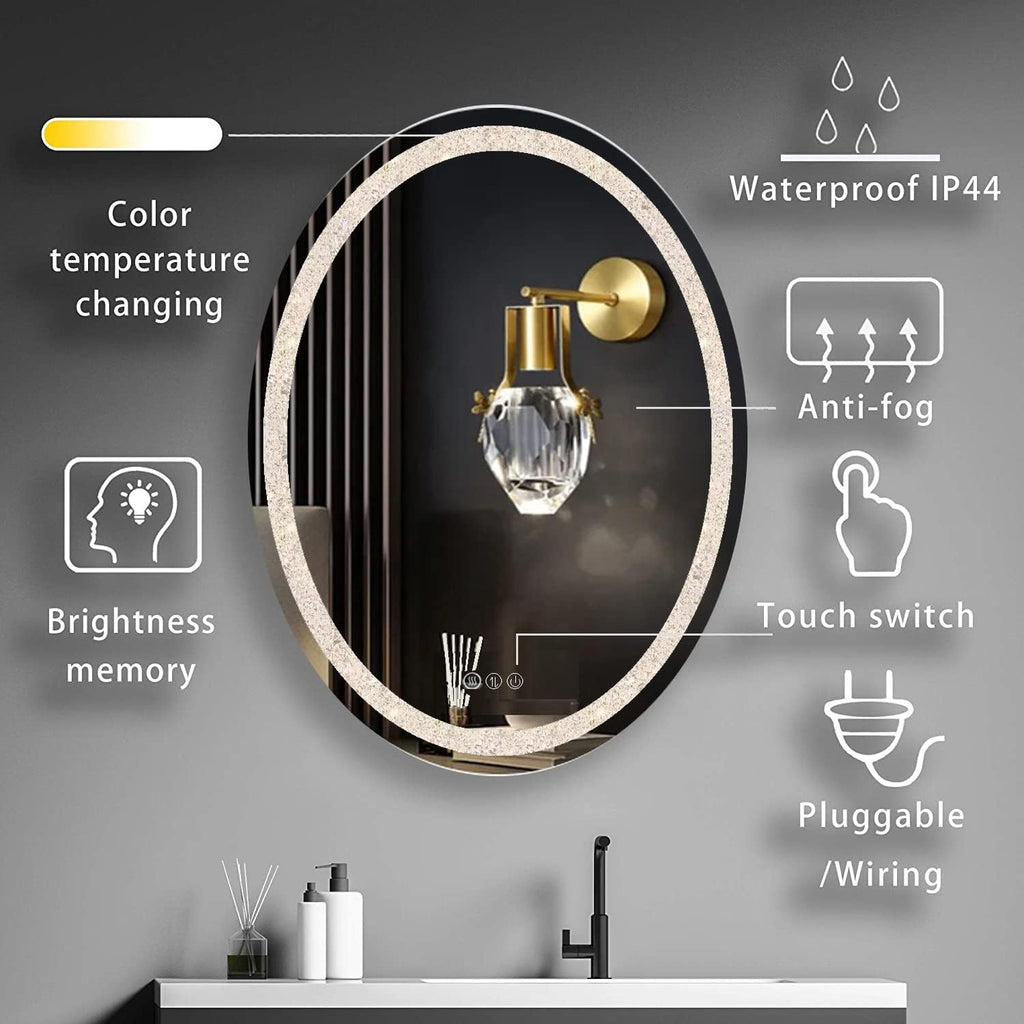 LED Oval Crystal Bathroom Vanity Mirror with Lights - 20x30inch Smart Wall Mirror with 3Color Anti-Fog Dimmable Touch Memory Crystal Light