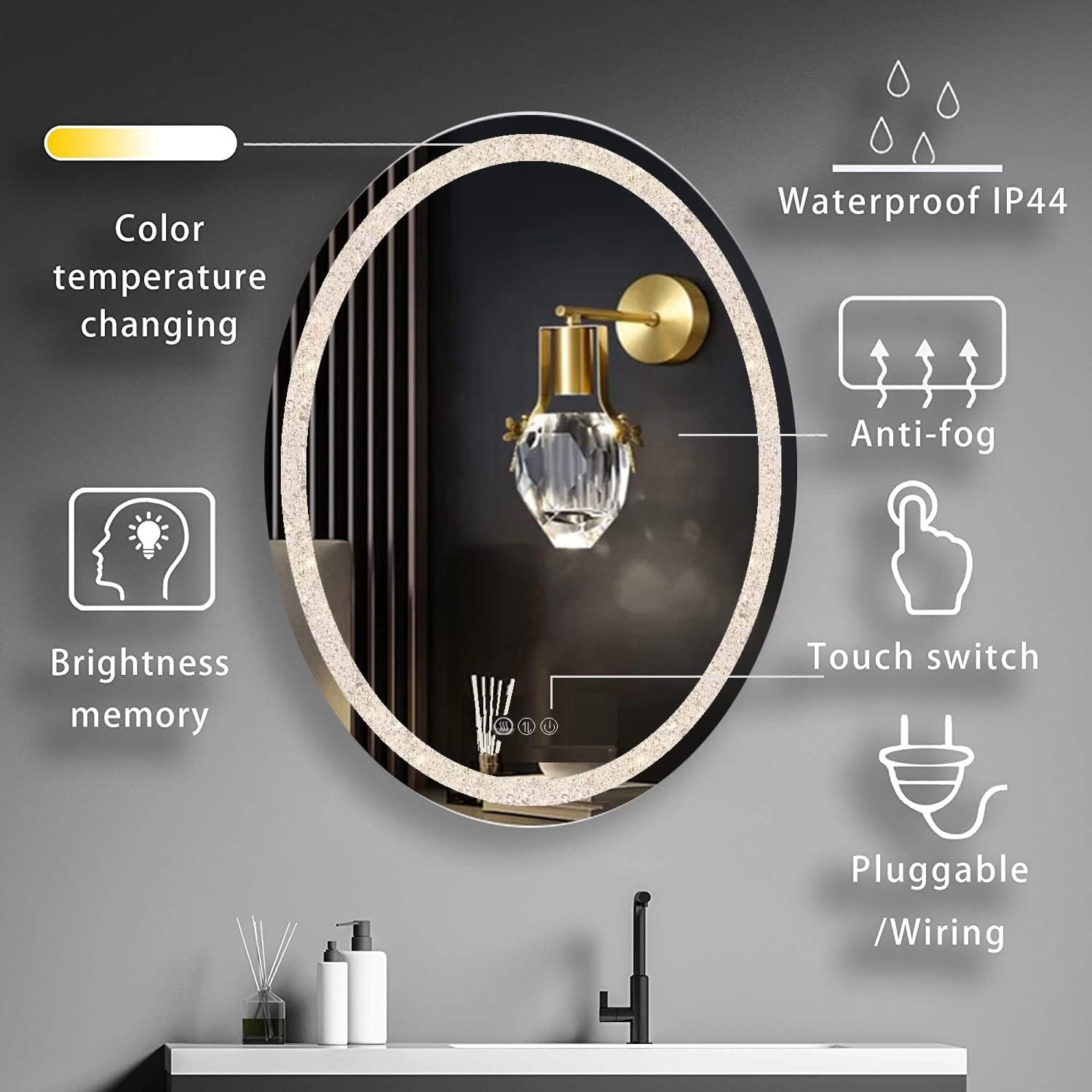 LED Oval Crystal Bathroom Vanity Mirror with Lights - 20x30inch Smart Wall Mirror with 3Color Anti-Fog Dimmable Touch Memory Crystal Light