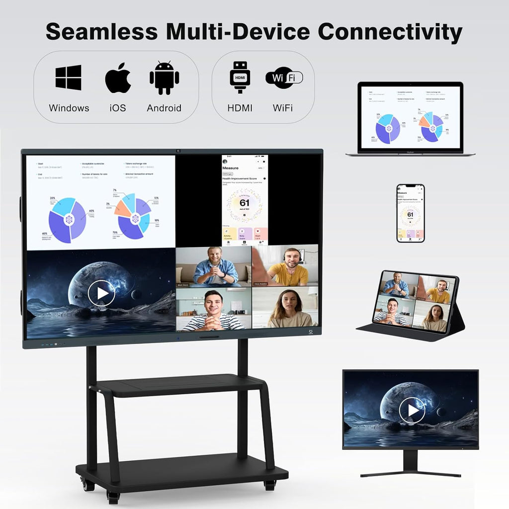 86 Inch Interactive Whiteboard, All in One Electronic Whiteboard for Classroom and Office, 4K Touchscreen Digital Smart Board with Camera and Mics (Board+Movable Stand+Wall Mount)