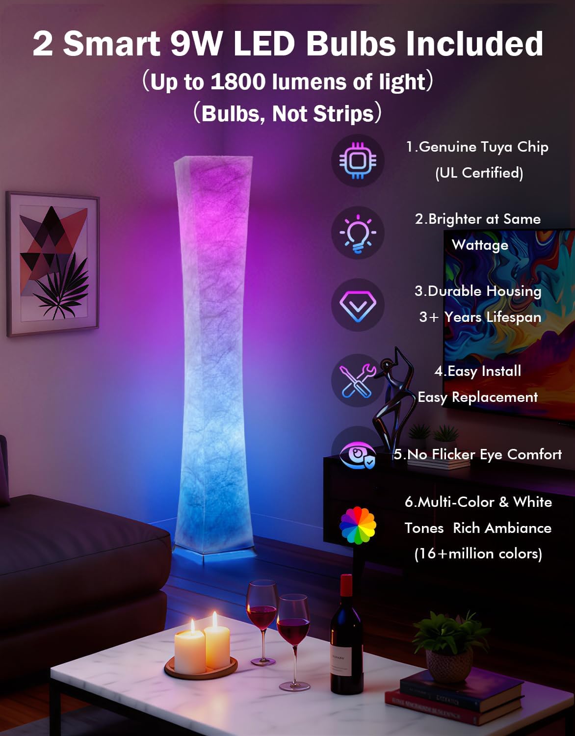 LEONC RGB+CCT Floor Lamp with Remote, 1800lm LED Tuya Smart 9W×2 Bulbs, 61" Smart Modern Floor Lamp with Alexa, Music Sync and 16 Million Colors, Color Changing Standing Lamp for Bedroom Living Room