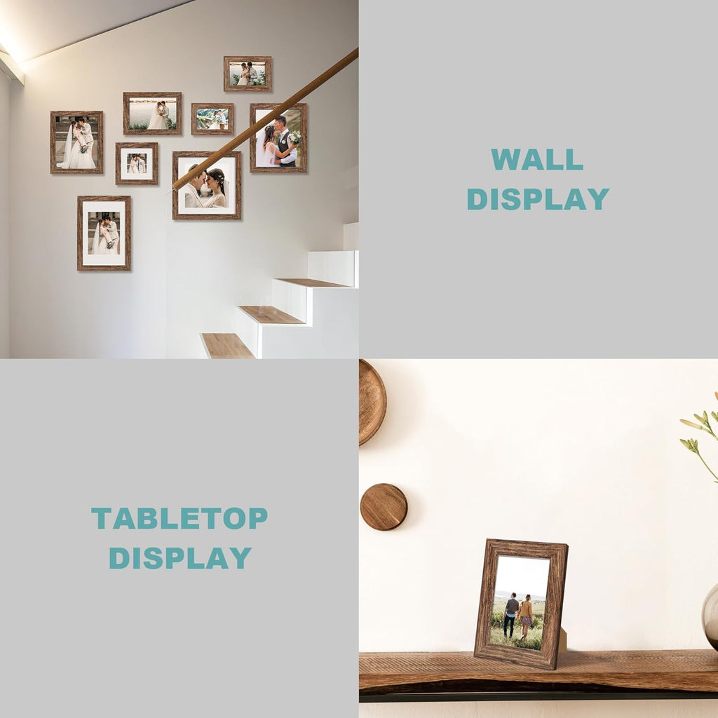 iRahmen 9x12 Picture Frame Set of 4 with Tempered Glass, Wooden Rustic Frame Display 6x8 Pictures with Mat or 9 x 12 Without Mat, Photo Frame for Wall Mount and Tabletop Display