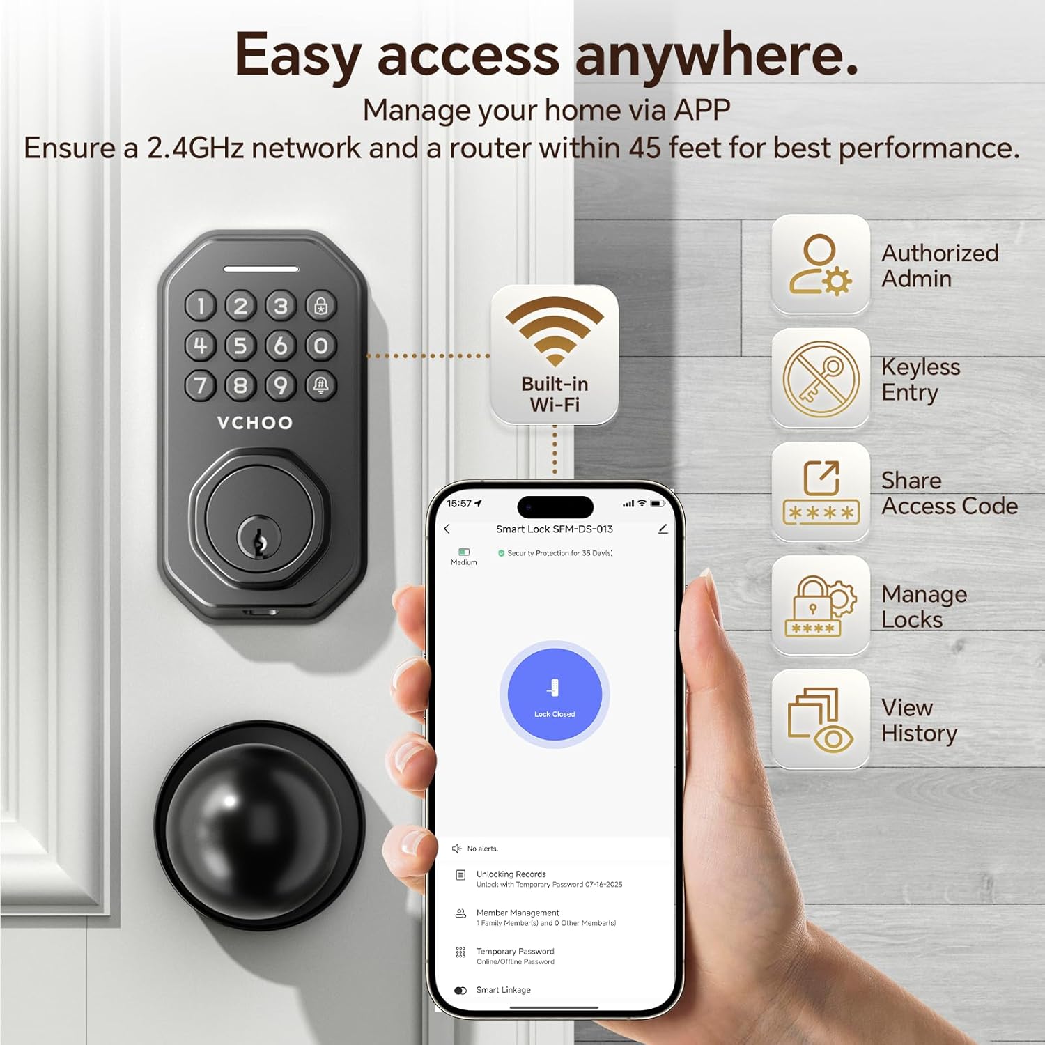 Keyless Entry Door Lock with 2 Knobs App Control Smart Locks for Front Door WiFi Door Lock Set Automatic Lock One Time Password Anti Peeping Password IP54, Black