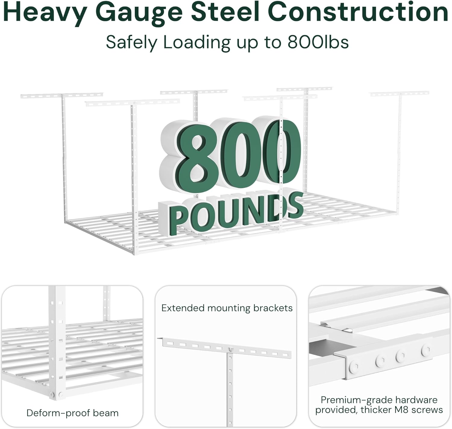 SunsGrove 4x8 Garage Storage Overhead Rack Organization, Adjustable Ceiling Mounted Storage Racks, 800LBS Weight Capacity, 22"-40" Ceiling Dropdown, 2 Pcs, White