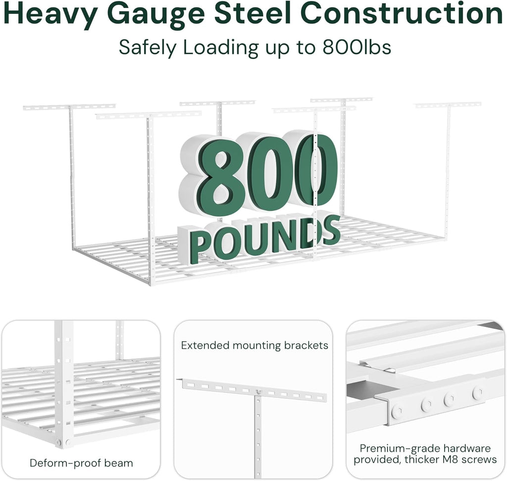 SunsGrove 4x8 Overhead Garage Storage Rack Organization, Adjustable Ceiling Mounted Storage Racks, 800LBS Weight Capacity, 22"-40" Ceiling Dropdown, White