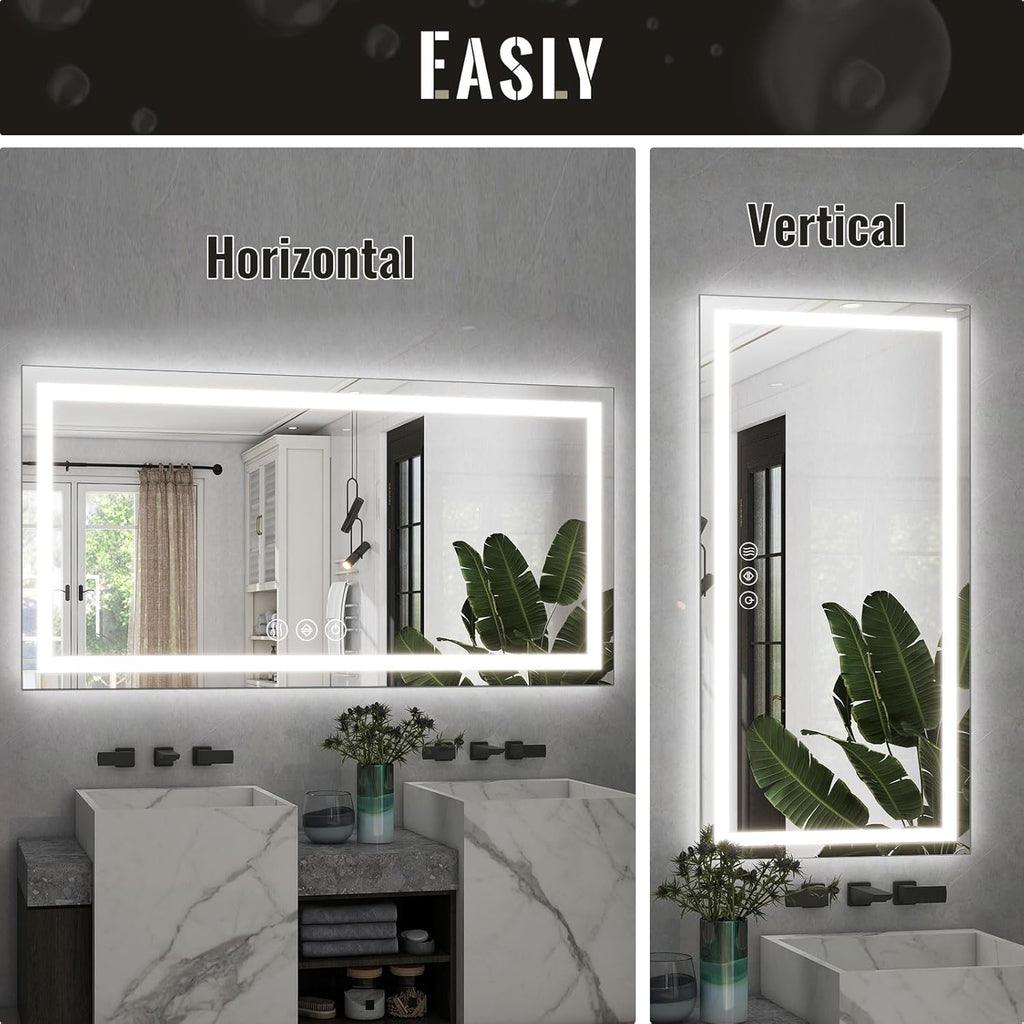 LED Bathroom Mirror, 30x55 Inch White Framed Gradient Front and Backlit Vanity Mirror, Anti-Fog, Dimmable, Wall Mounted Horizontal/Vertical Lighted Mirror