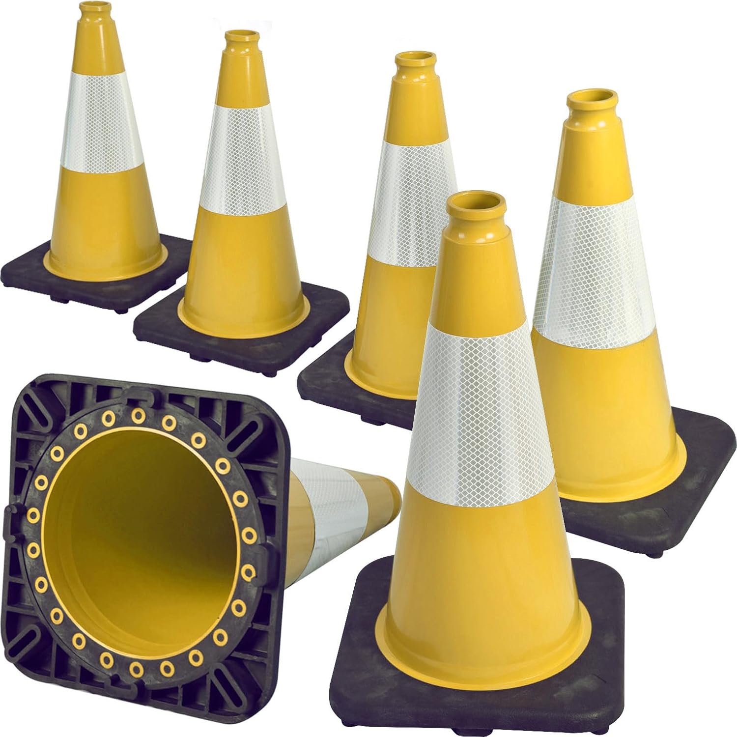6 Pack 18" Inch Yellow PVC Traffic Cones with Heavy-Duty Base, High-Visibility All-Weather Safety Cones for Road Construction, Parking Lot, and Garage Use (6, Yellow, 18" Medium)