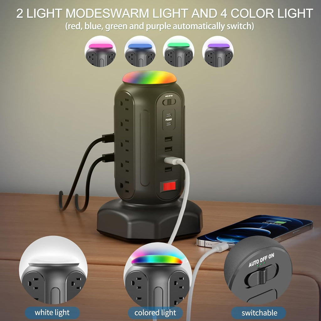 PD 30W Fast Charging Power Strip, with Surge Protector, RGB Night Light, 15 Outlets Power Tower, 2 Type C and 4 USB Ports, Space Saving, Retractable Extension Cord 6.5ft for Home (Black)