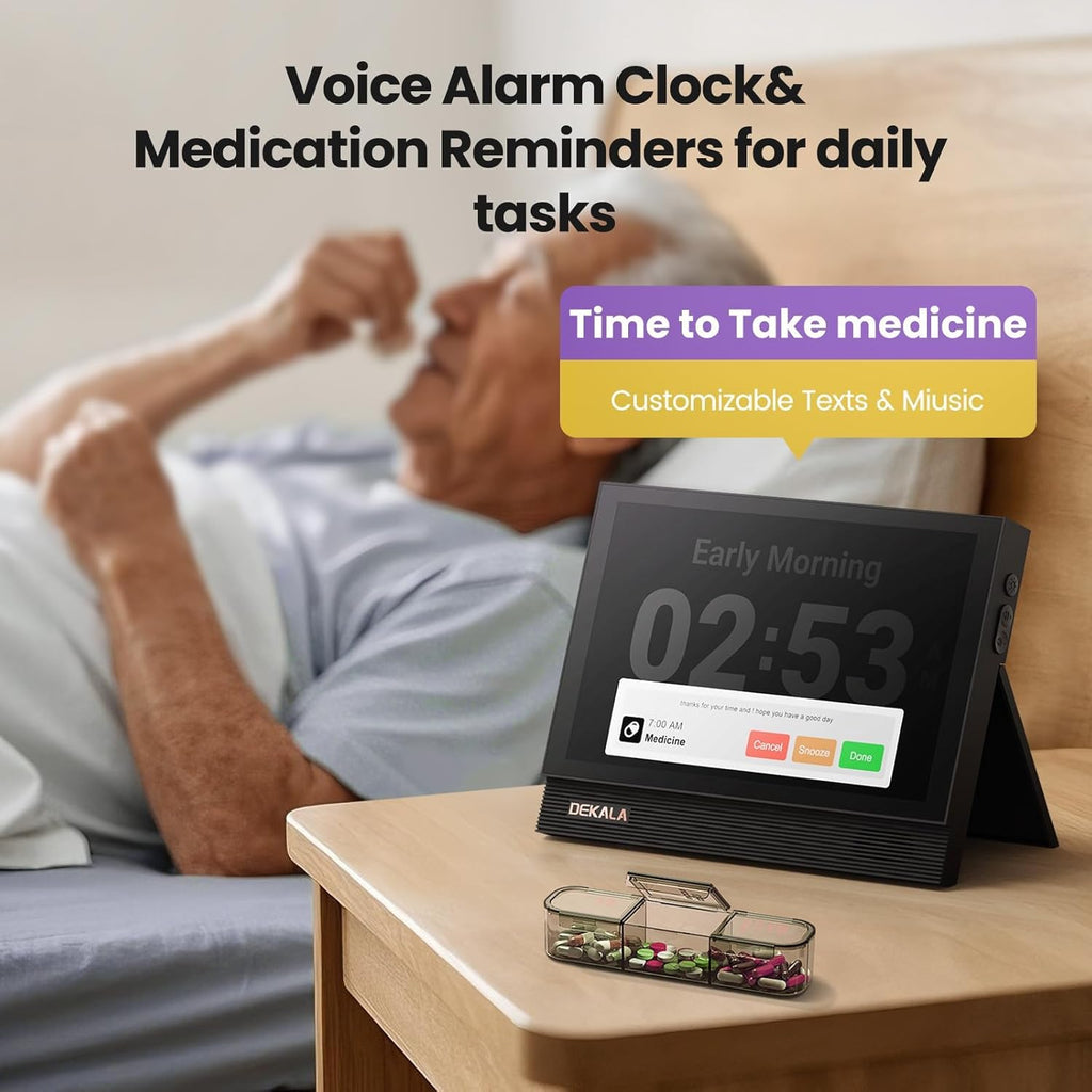 Dekala ClearTime 10.1" Large Display Digital Wall Calendar Clock, TouchScreen Voiced Alarm Clock for Bedroom Medication Reminder, WiFi Weather Display Auto DST for Adult Senior Dementia Heavy Sleepers