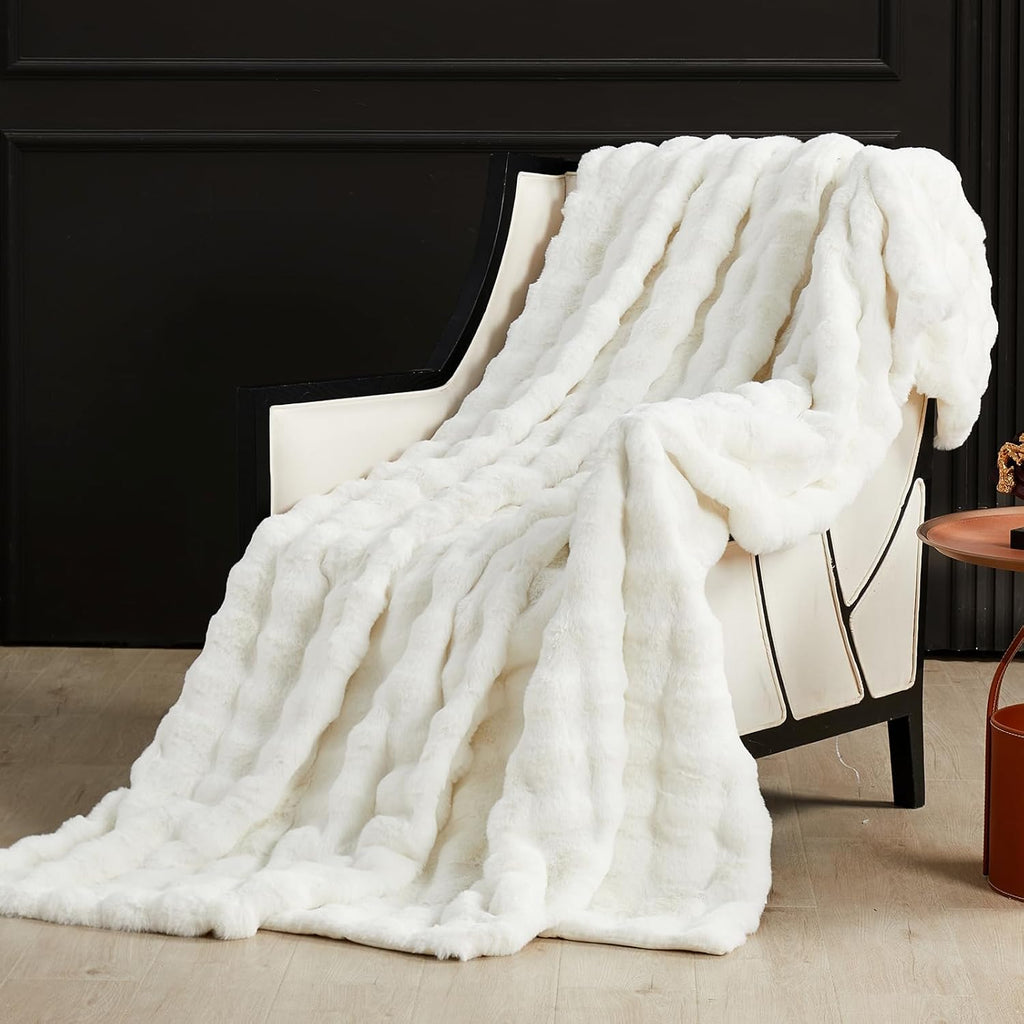 SAPHREAS Faux Fur Throw Blanket for Couch, Fluffy Fuzzy Bubble Blanket for Sofa Bed Living Room, Decor Soft Cozy Gifts for Women Men, 60x80” Cream White