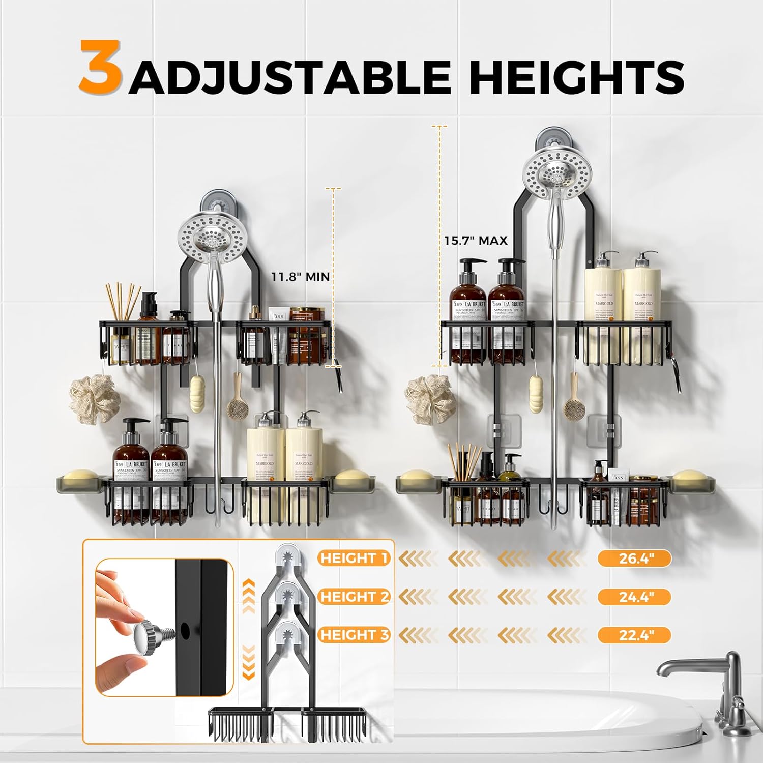 REINHARDT Aluminum Shower Caddy Hanging Adjustable Shower Caddy, Rustproof Hanging Shower Organizer with Hooks Soap Holders, Over Shower Head Caddy for Handheld Showerhead, Black