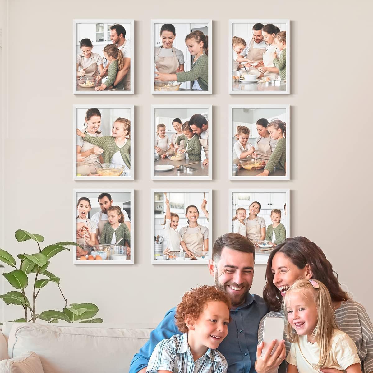 Renditions Gallery Set of 9, 11X14 Custom Photo Prints with Real Wood Picture Frames. Create Personalized Photos with Peel & Stick Photo Frames. White Frame