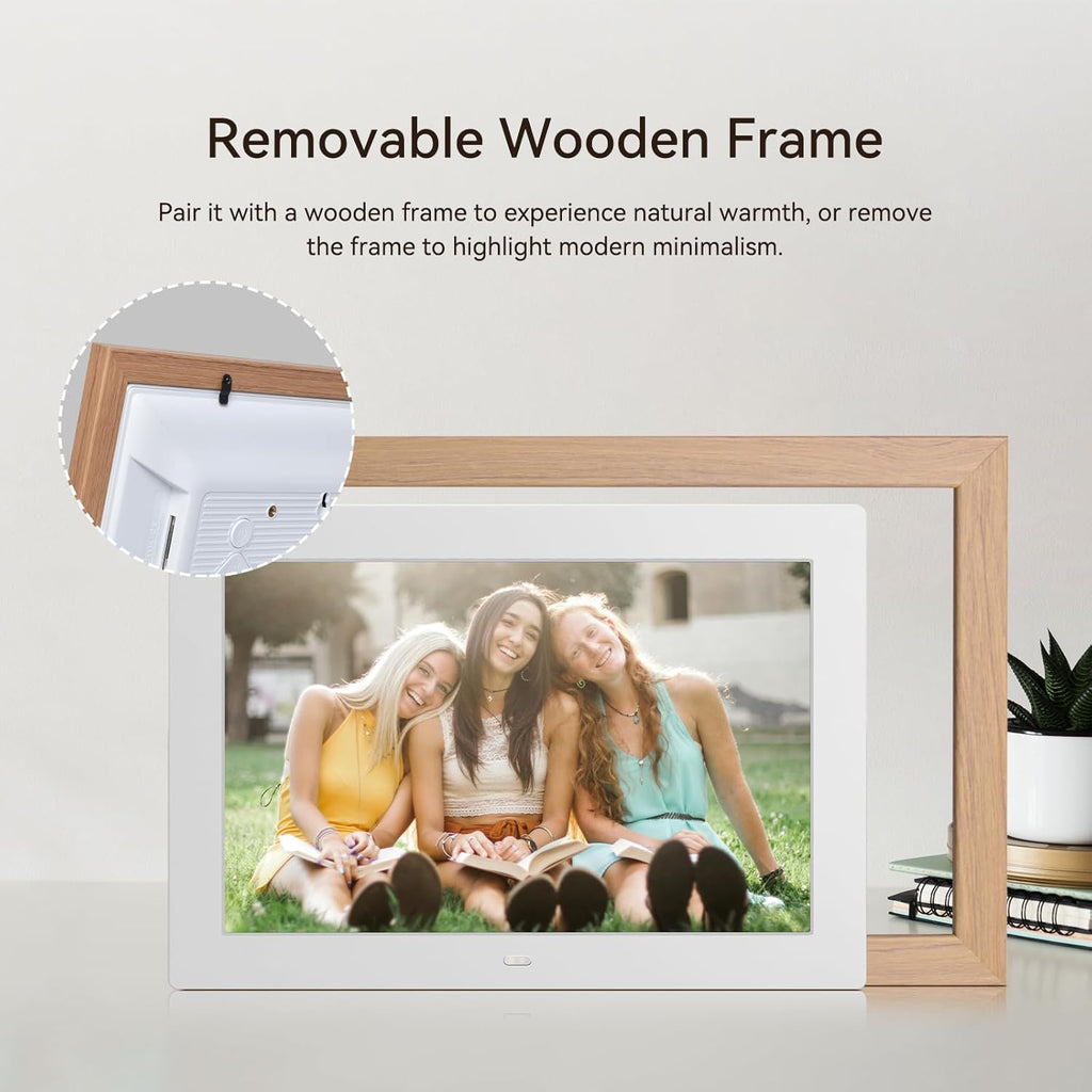 10.1" Digital Picture Frame with Remote Control, 1280 * 800 IPS Full View Ultra Clear Screen, Removable Wooden Frame, Share Videos Photos Send Wishes Auto-Rotate Slideshow Non-WiFi