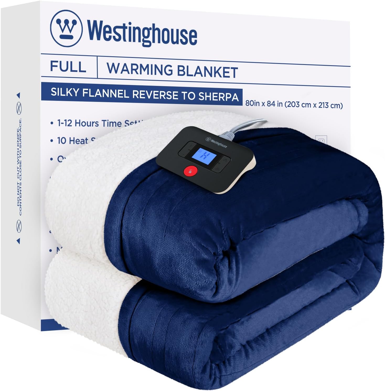 Westinghouse Electric Blanket Full, Heated Blanket Full Size with 10 Heating Levels and 1 to 12 Hours Heating Time Settings, Flannel to Sherpa Reversible, Machine Washable (80" x 84", Navy)