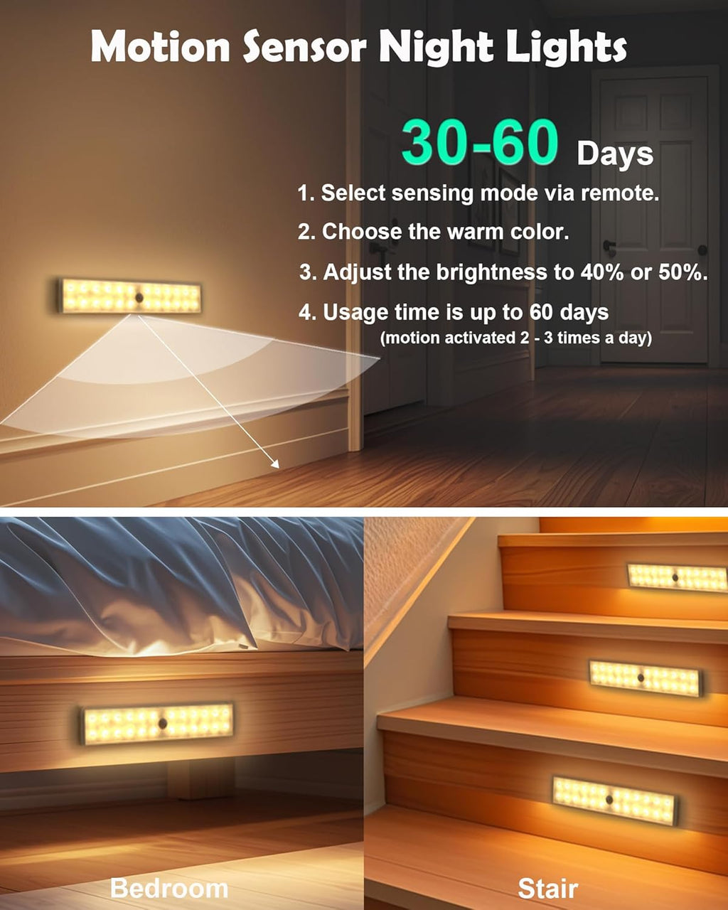 SZOKLED 58-LED Under Cabinet Lighting Wireless, RGB Motion Sensor Night Lights with Remote, 1100mAh Magnetic Under Cabinet Lights for Kitchen, Shelf, Stair, 15 Color (4 Pcs)