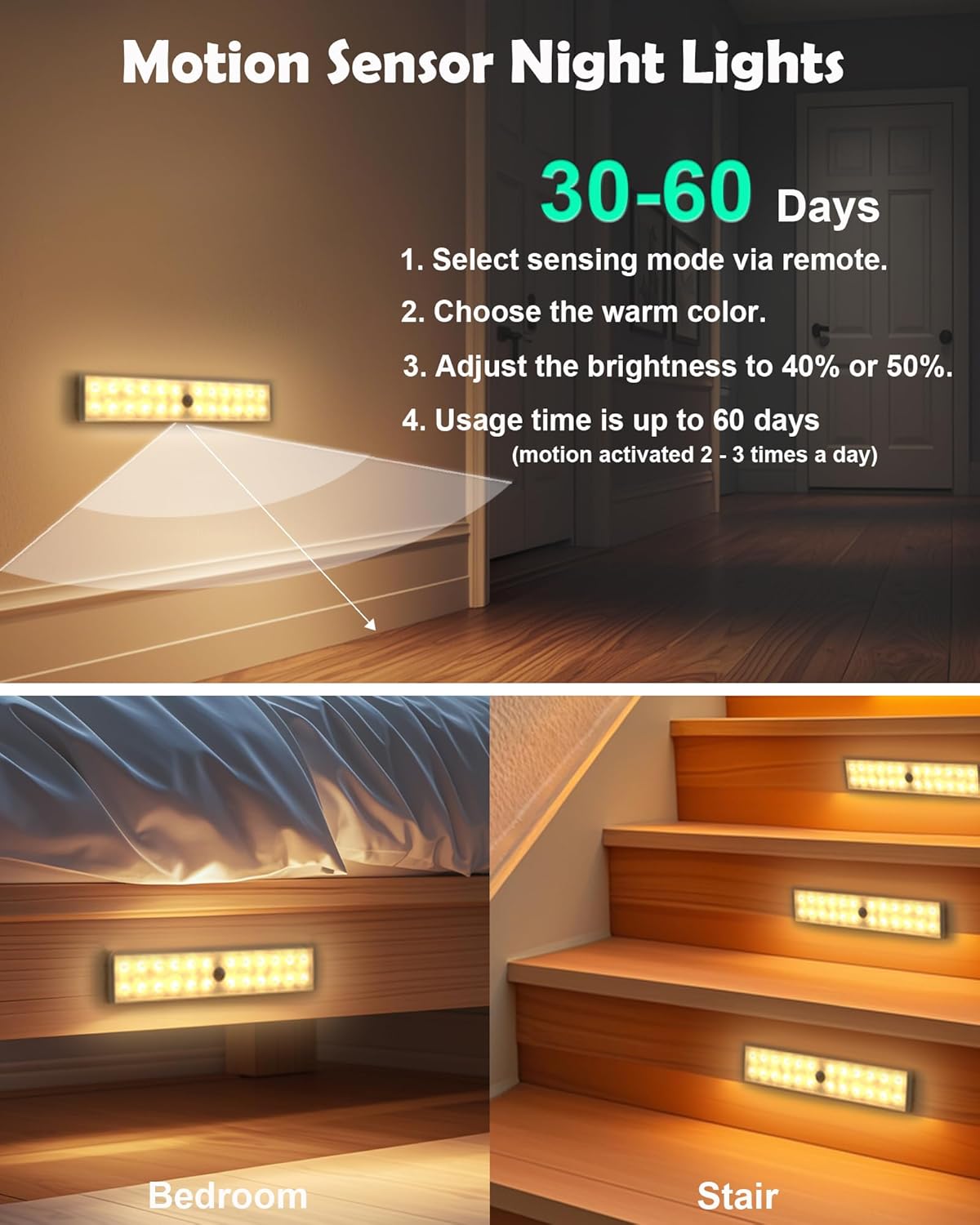 SZOKLED 58-LED Under Cabinet Lighting Wireless, RGB Motion Sensor Night Lights with Remote, 1100mAh Magnetic Under Cabinet Lights for Kitchen, Shelf, Stair, 15 Color (4 Pcs)