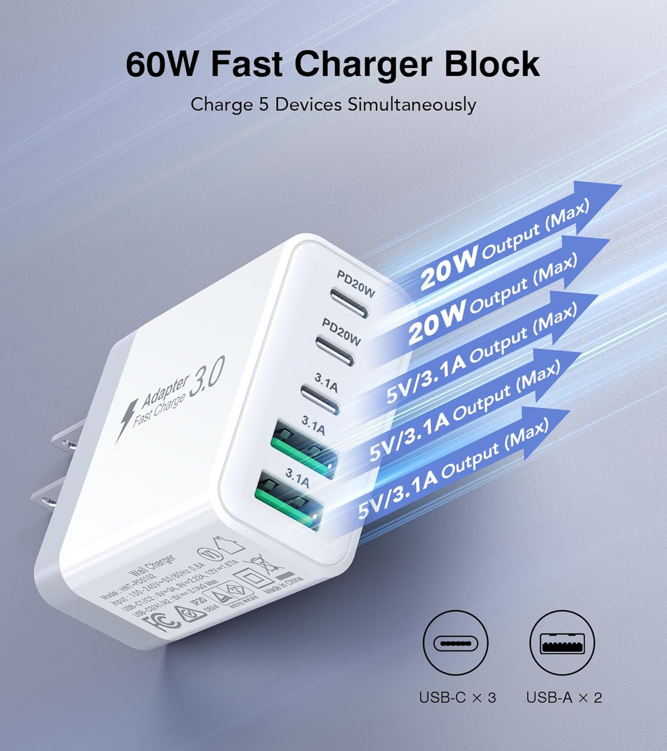 USB C Charger Block, [2-Pack] 60W 5-Port Fast Charger 20W Type C Charging Block 3.1A USB Wall Charger Dual Port PD+QC Charging Cube for iPhone 17 16 15 14 13 12 Pro Max XS, iPad, Samsung Phone, Tablet