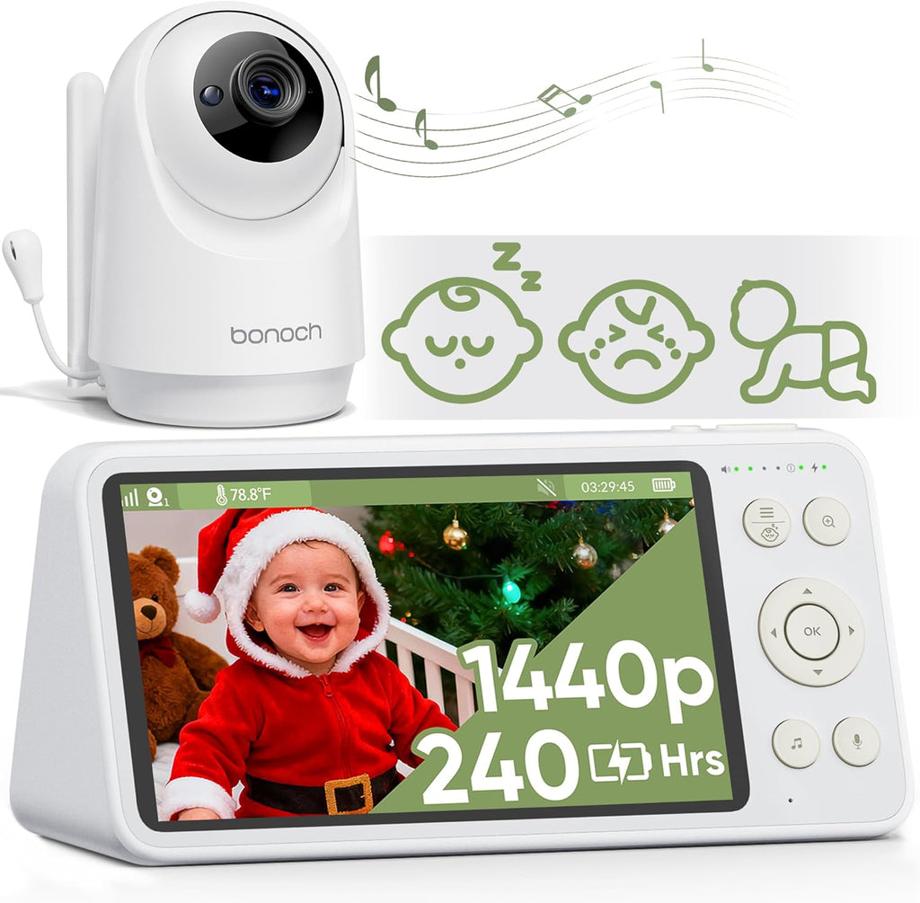bonoch 1440p Baby Monitor with Camera and Audio, 5.5" Smart No WiFi Video Baby Camera, Crying/Motion/Turnover Detect, 240h Long-Lasting, Hack Proof, Night Vision, VOX Mode, White Noise, Shower Gifts
