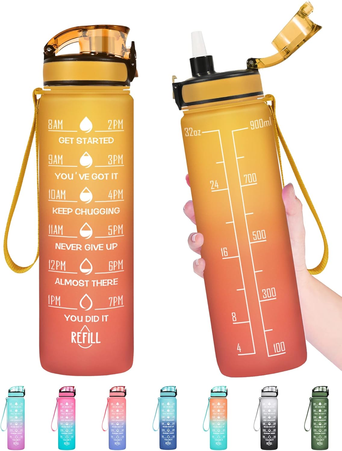 Enerbone Water Bottle, Leakproof BPA & Toxic Free, Motivational Water Bottle with Times to Drink and Straw, Fitness Sports Water Bottle with Strap for Office, Gym, Outdoor Sports
