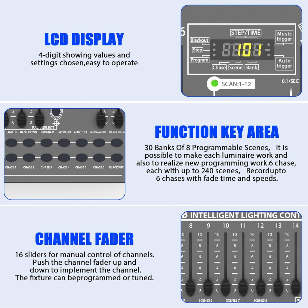 DJ Controller 384CH Fog DMX-512 DJ Controller Support 30 Banks 8 Scenes 24 fixtures Stage Lighting Console for Program Editing of DJ Lights Show Bar Club Live