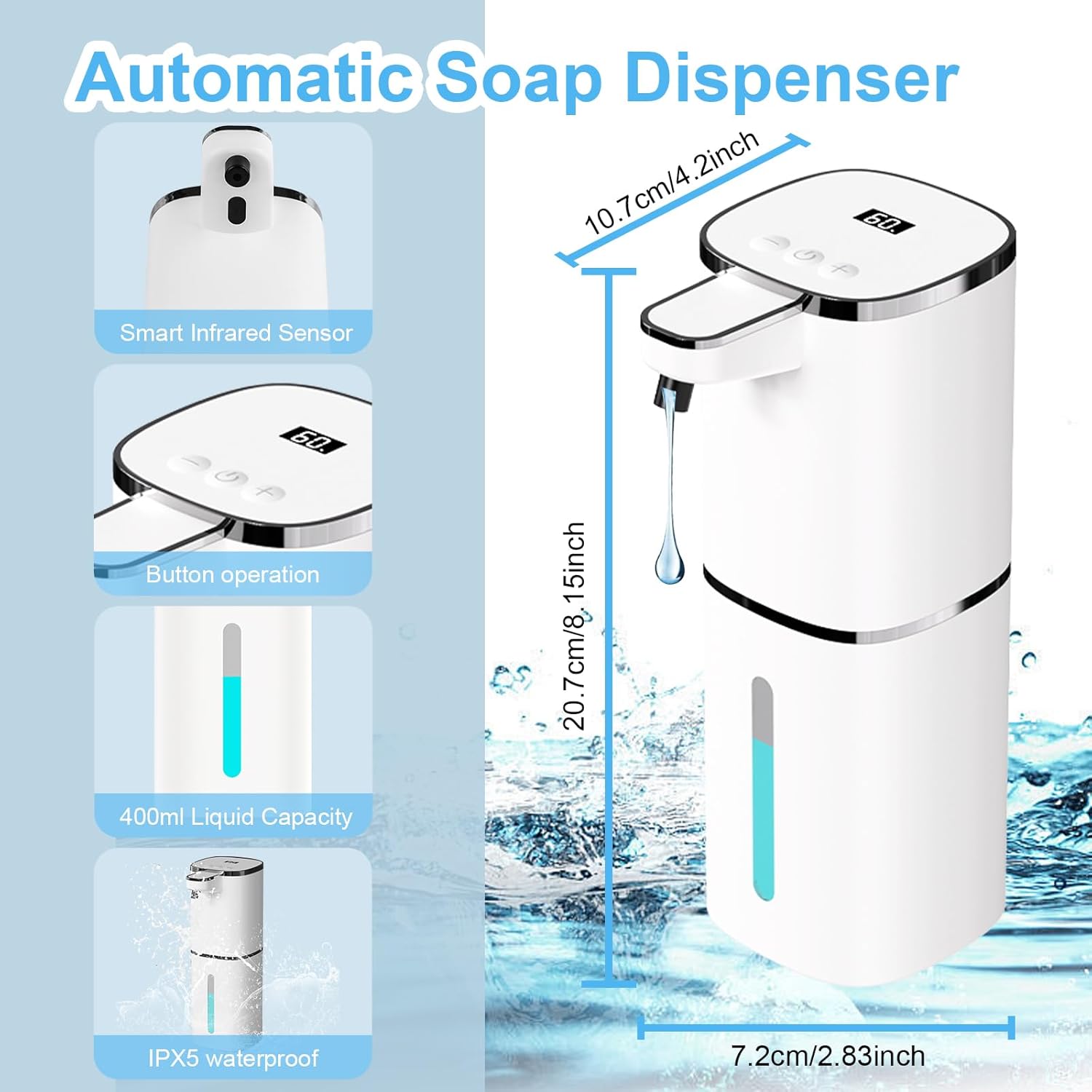 Automatic Liquid Soap Dispenser Touchless, USB Rechargeable Smart Hand Soap Dispenser, 9-Level Adjustable, Physical Button Operation, 13.5oz/400mL Wall Mounted for Bathroom Kitchen Dish Soap