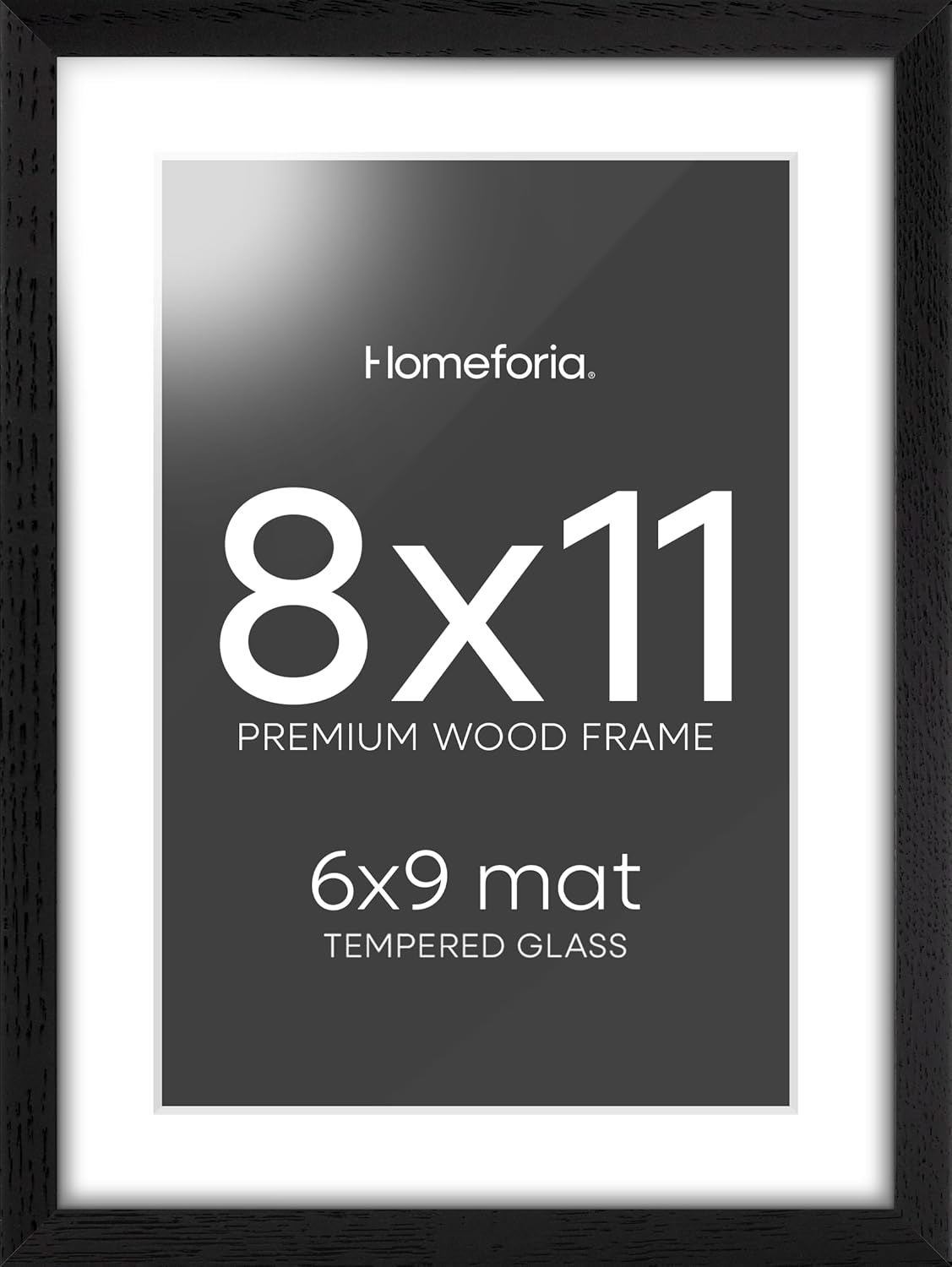 Homeforia 8x11 Black Picture Frame, High End Oak 8 x 11 Wood Frames with Mat 6 by 9 Print, 8by11 Wooden Frame Matted to 6x9 inch Photo, 11x8 Wall or Tabletop Frames, Tempered Glass, Wall Kit, Set of 1