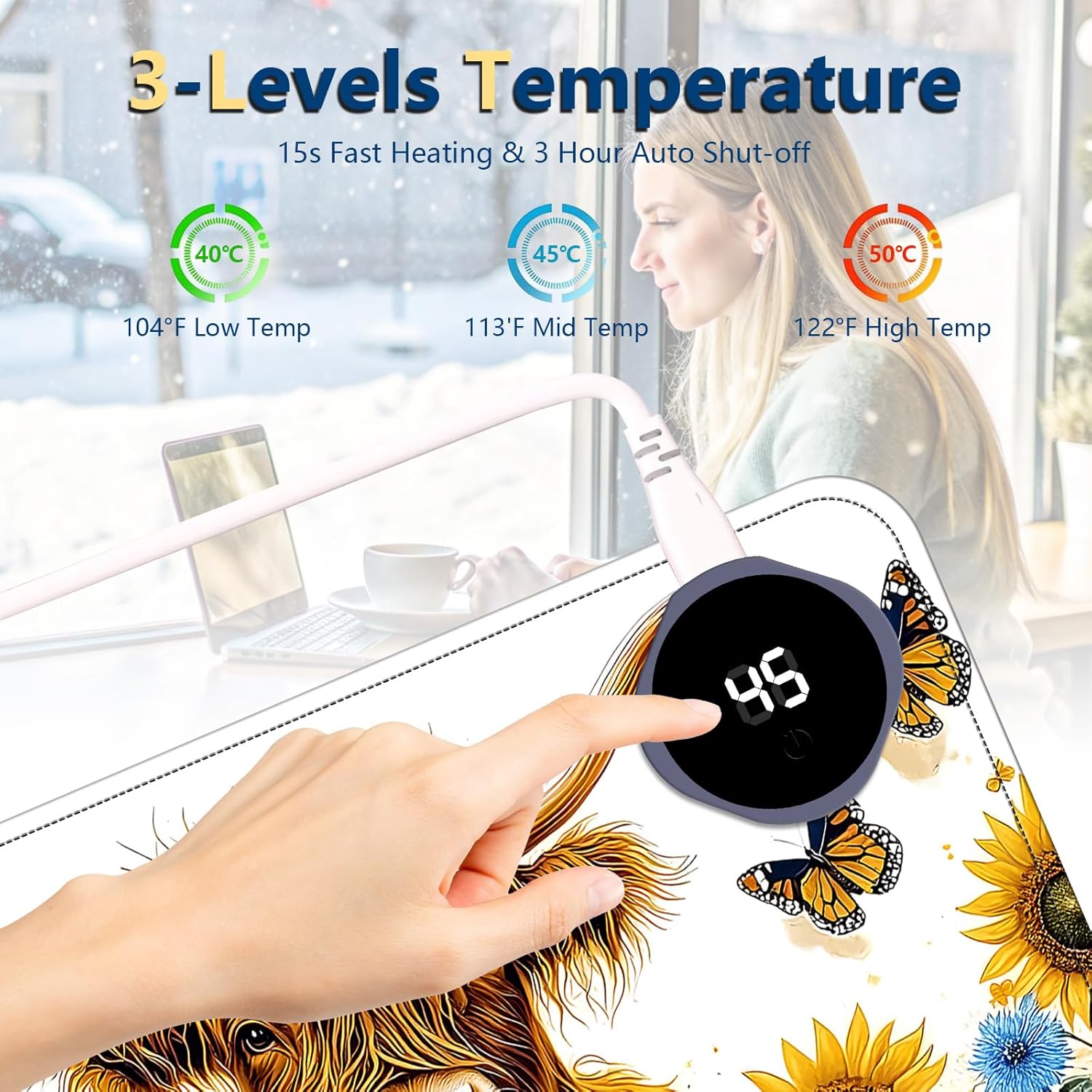 Heated Mouse Pad with 3 Temperature Settings(104°F–122°F),Large 24x14.2 Inch PU Leather Heated Desk Mat,Waterproof Warming Pad for Office,Gaming & Cold Hands Relief,Sunflower Cow
