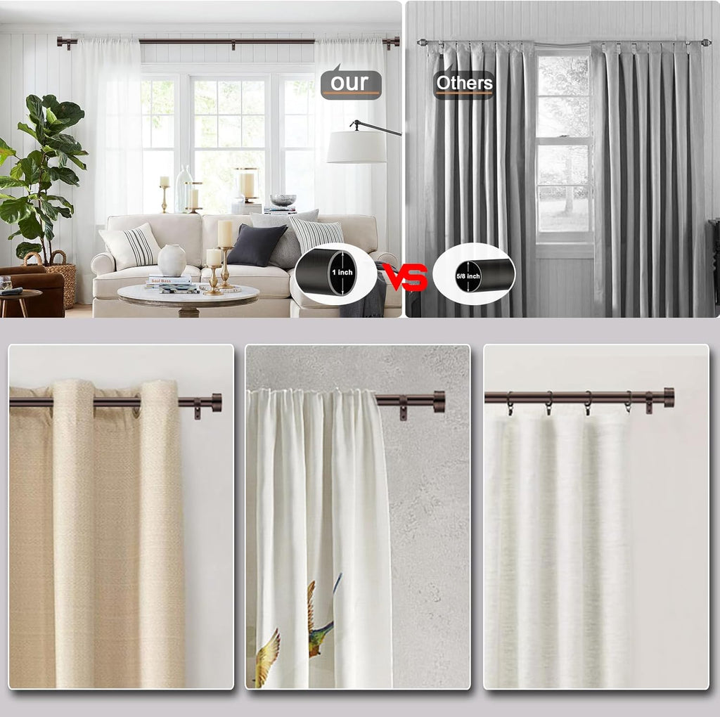 Adjustable Curtain Rods-18 to 144 Inches,1 Inch Modern Metal Drapery Rods, Adjustable Heavy Duty Curtain Pole with Simple End Caps