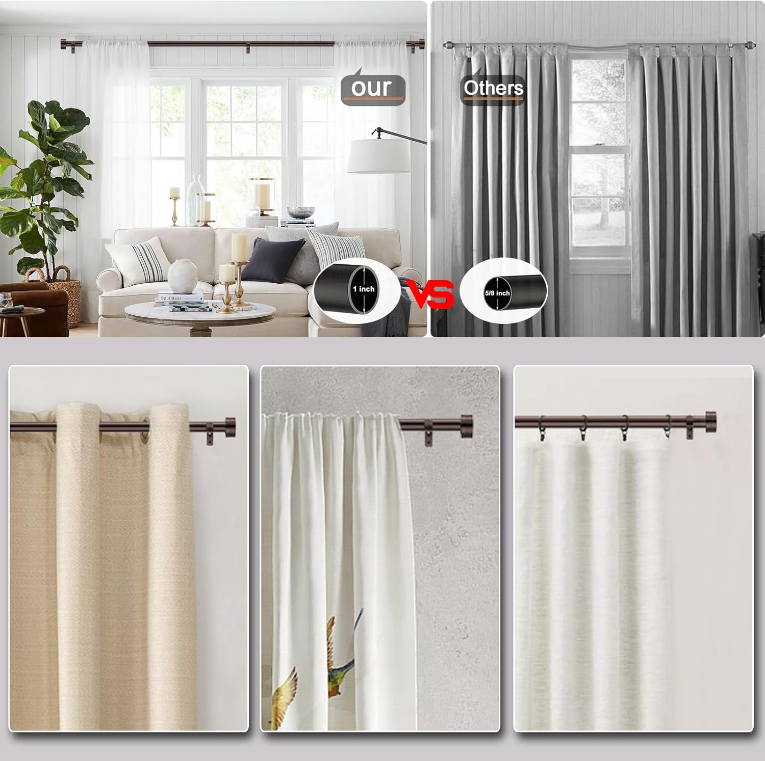 Adjustable Curtain Rods-18 to 88 Inches,1 Inch Modern Metal Drapery Rods, Adjustable Heavy Duty Curtain Pole with Simple End Caps