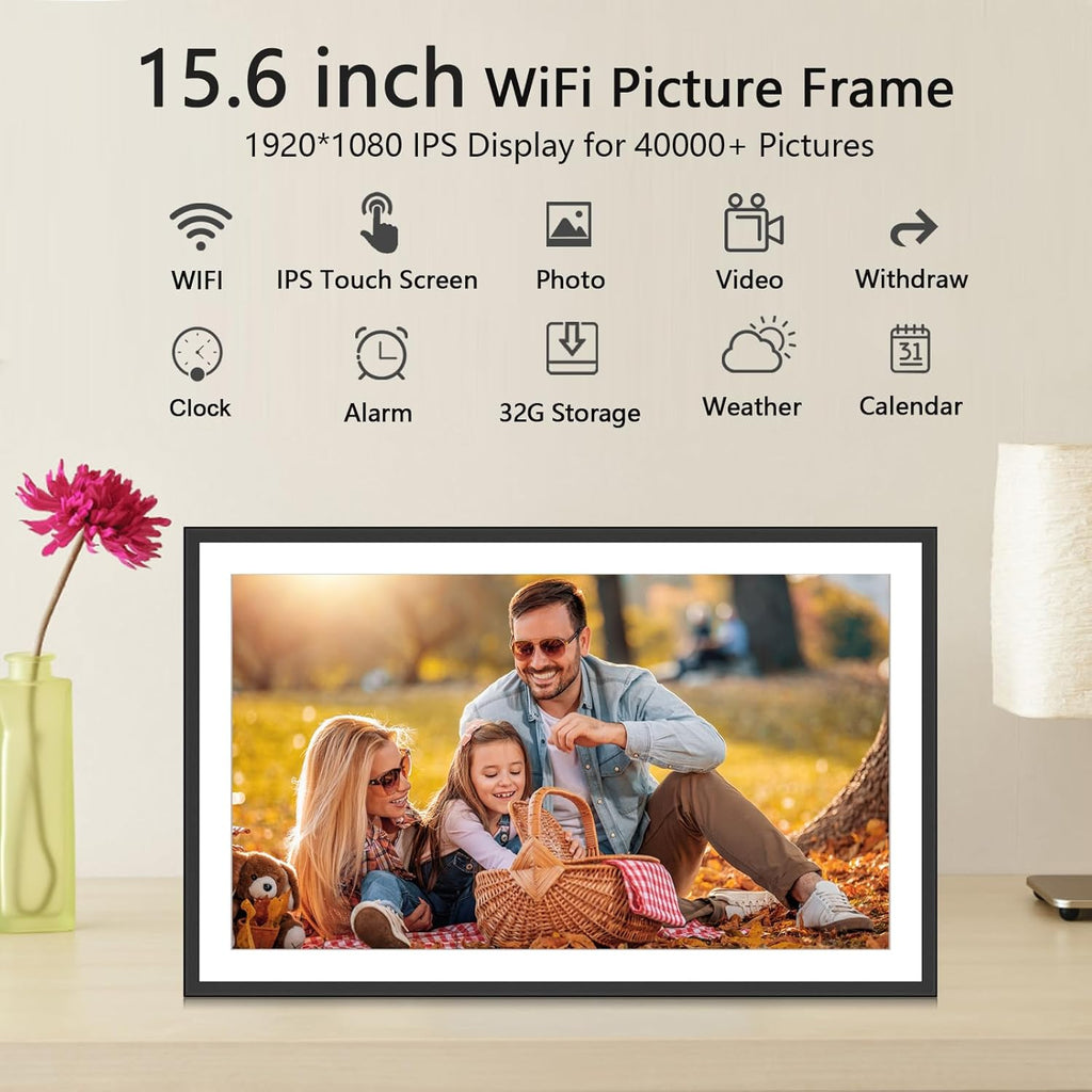 SSAWIFIFRAME Digital Picture Frame 15.6 inch Large 32GB WiFi Digital Photo Frame, Easy to Share Photos and Videos via Free App, IPS Touch Screen, Auto-Rotate, Send 50 Photos one time no Limit