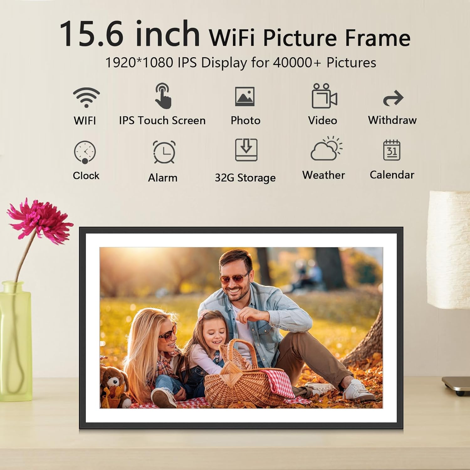 SSAWIFIFRAME Digital Picture Frame 15.6 inch Large 32GB WiFi Digital Photo Frame, Easy to Share Photos and Videos via Free App, IPS Touch Screen, Auto-Rotate, Send 50 Photos one time no Limit