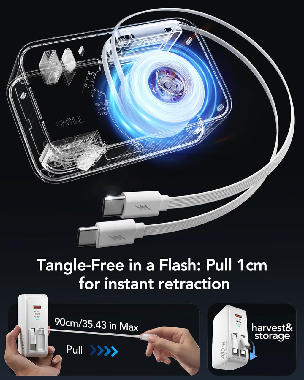 Retractable USB C Charger Wall Plug with Dual 35.5in/90cm Type C Cables Cords,40W Fast Charging Foldable Block Multi Charger for All Devices for iPhone 17/16/15/14/13/12,iPad,Galaxy,Pixel