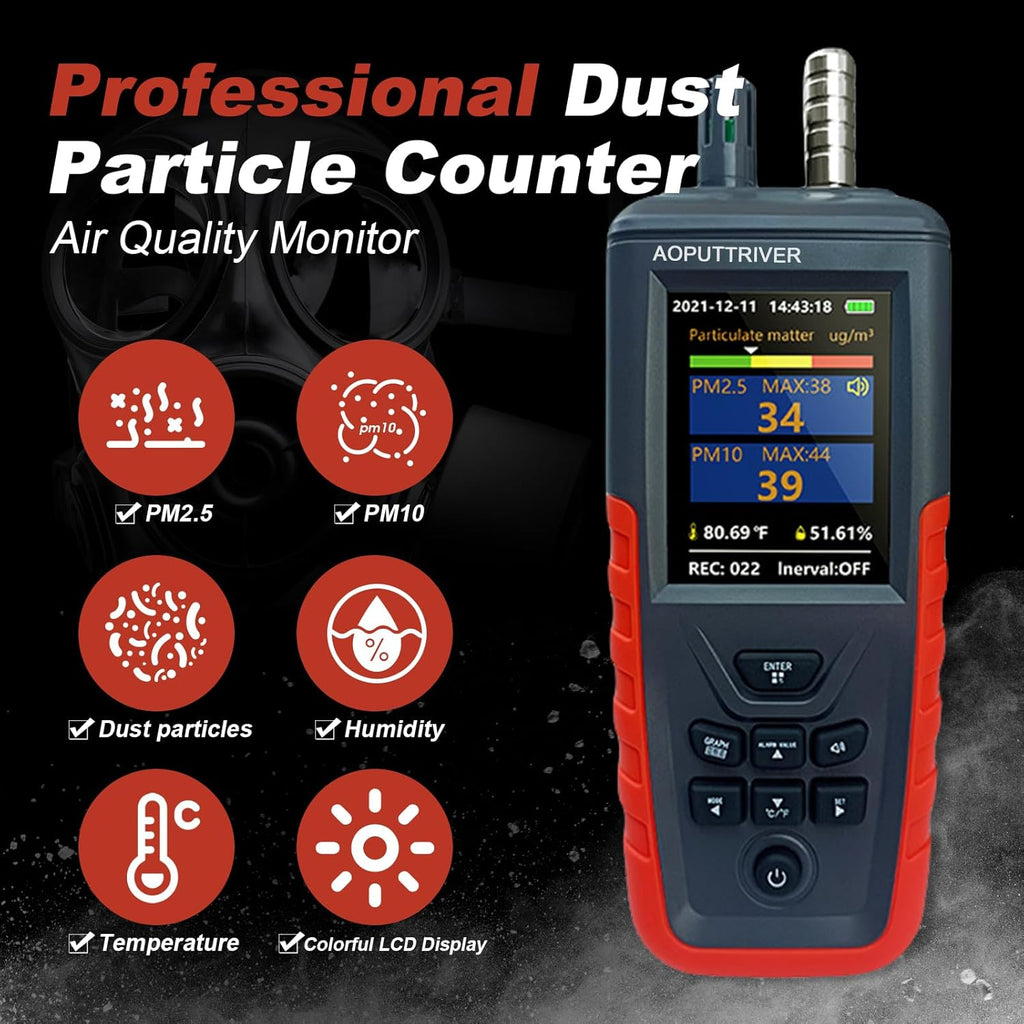 Portable Particle Counter, Handheld Dust Monitor 1000μg/m³PM2.5 Detects 6-Channel 0.3μm-10μm Particles, 14644-ISO9 Level Standard Air Pollution Monitor w/Temp & Humidity for Indoor Cleanroom