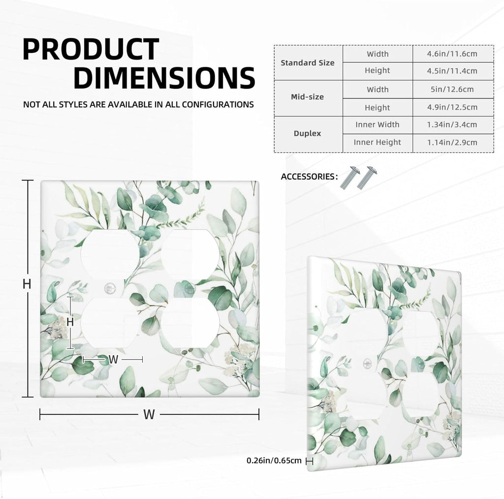 Boho Green Eucalyptus Leaf Floral Plants Flowers Outlet Covers 2 Gang Double Duplex Decorative Light Switch Covers Electrical Wallplates Socket Faceplate for Bed Room Living Room Decor