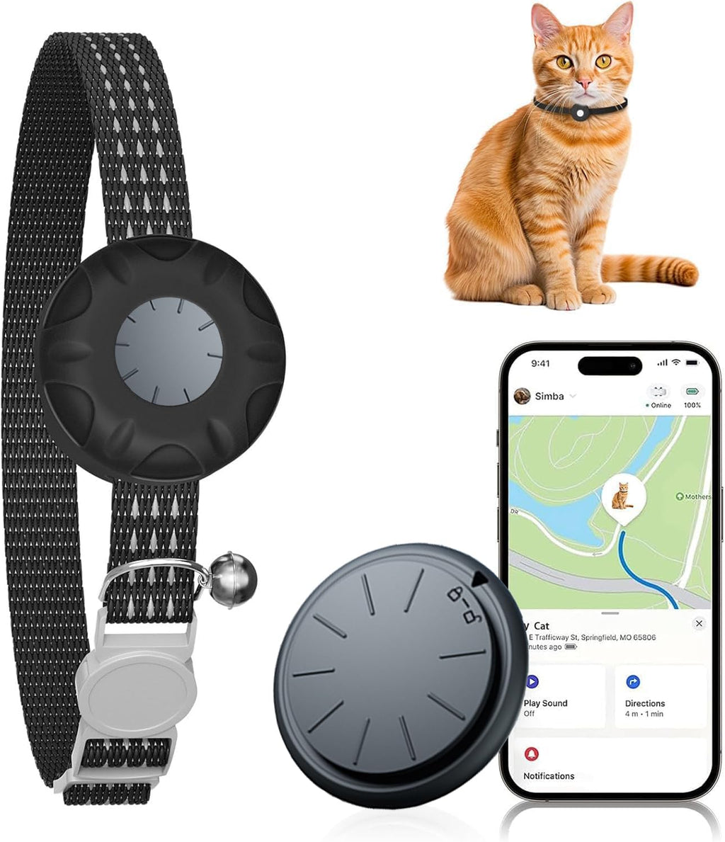 Cat Tracker, Waterproof Pet Tracker for Cats, Cat GPS Tracker Collar with Safety Elastic Buckle, Compatible with Apple Find My App (Only iOS), No Monthly Fee (Black Tracker, Black Cat Collar)