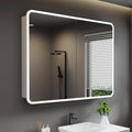 Medicine Cabinet with LED Lights and Mirror, 36 x 32 Inch Surface or Recessed Mounted Bathroom Cabinets with Door, Defogger, Memory Function, 3-Color Mode, Outlet&USB, Dimmer, Storage