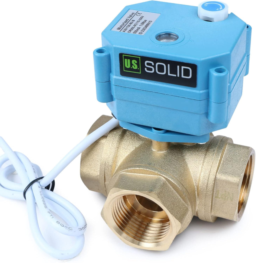 U.S. Solid 1" 3 Way Brass Motorized Ball Valve 110-230VAC, L Type Water Shutoff Valve with Manual Function, Standard Port, NOT for Drinking Water