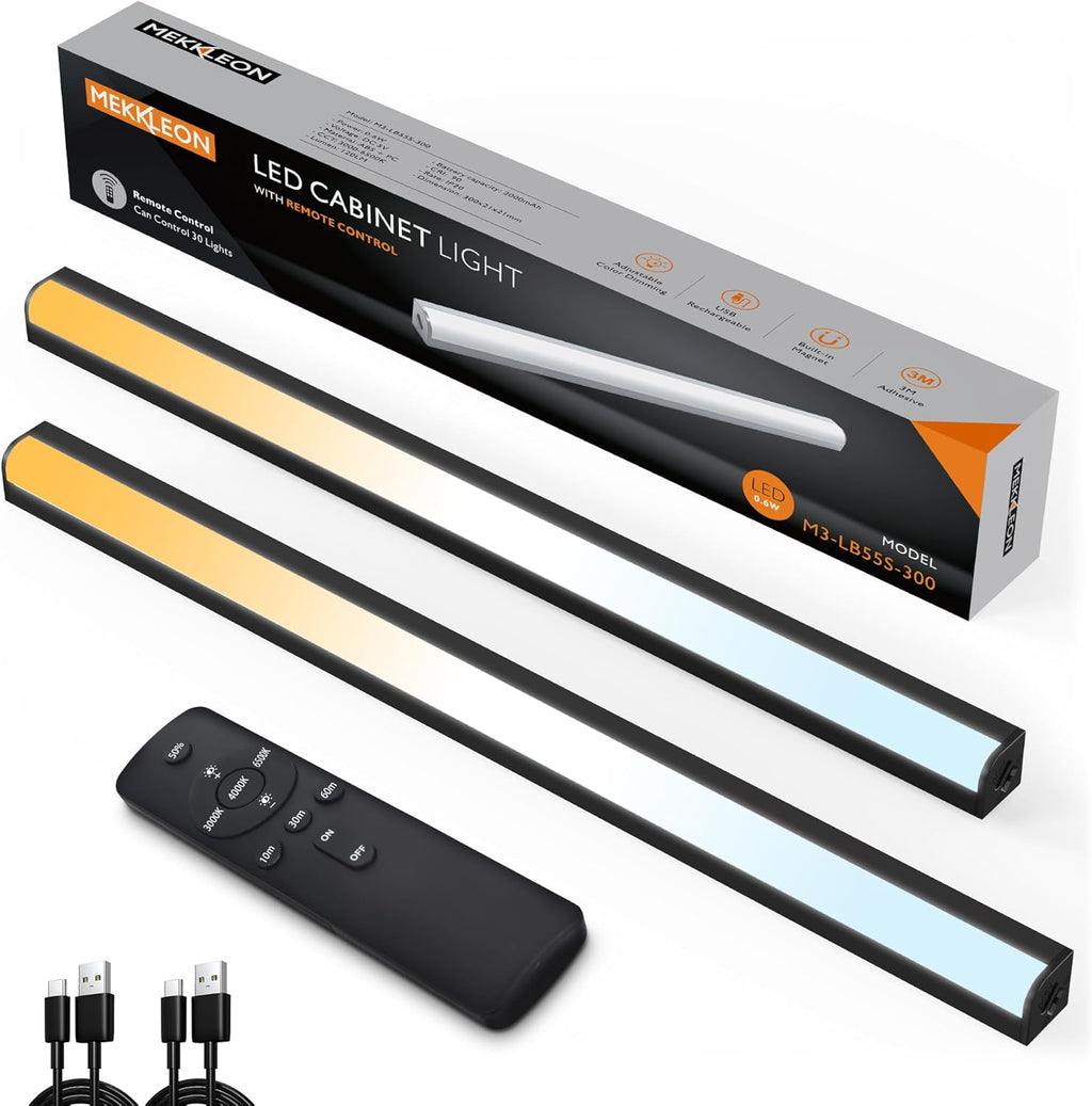 Under Cabinet Lights Remote Control, Magnetic Dimmable Closet Lights,USB Rechargeable Wireless LED Shop Light,Ceiling and Under Counter Lights for Kitchen (Black, 30CM-2 Pack)
