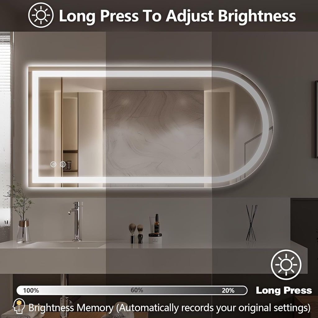 Niccy Arched LED Bathroom Mirror, 48x24 Arch Wall Mounted Frameless Bathroom Mirror for Vanity, Smart Lighted Frontlit Mirrors with Memory Function for Bathroom Bedroom Beauty Hair Salon