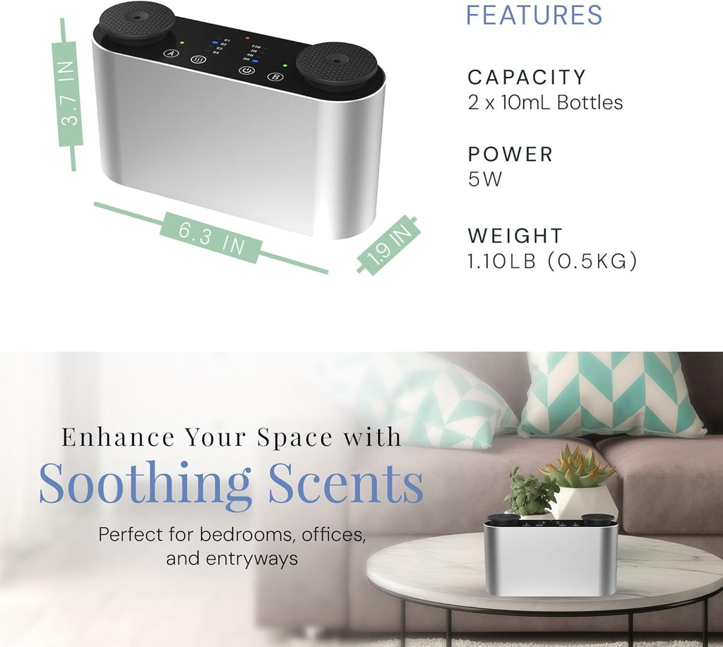 The Mini Duo Smart Scent Air Machine, Waterless Aroma Diffuser with Bluetooth App Control & Dual Nozzle, 2x10mL Refillable Bottles, Rechargeable Battery, Covers Up to 100 sq. ft