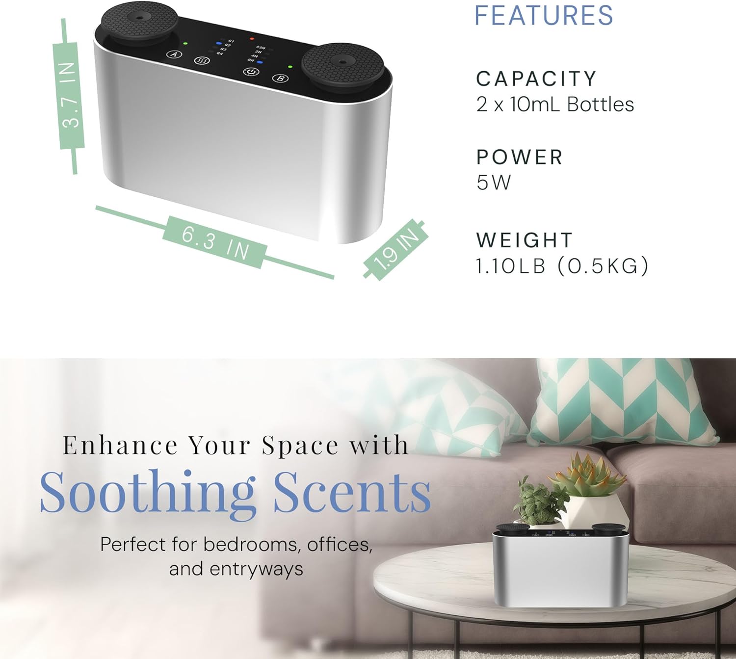 The Mini Duo Smart Scent Air Machine, Waterless Aroma Diffuser with Bluetooth App Control & Dual Nozzle, 2x10mL Refillable Bottles, Rechargeable Battery, Covers Up to 100 sq. ft