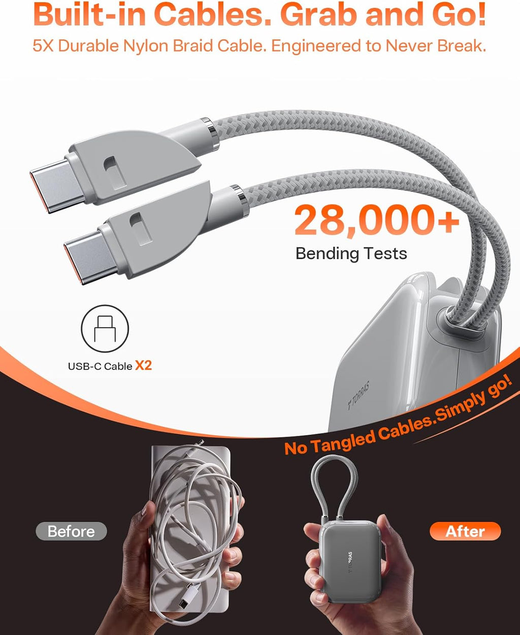 TORRAS EasyGo Portable Charger, 45W Fast Charging 10000mAh Power Bank [Travel & Daily Essentials] Built in Cable USB C, Phone Battery Pack Powerbank for iPhone Air/17/16/15 Series, Samsung, iPad etc