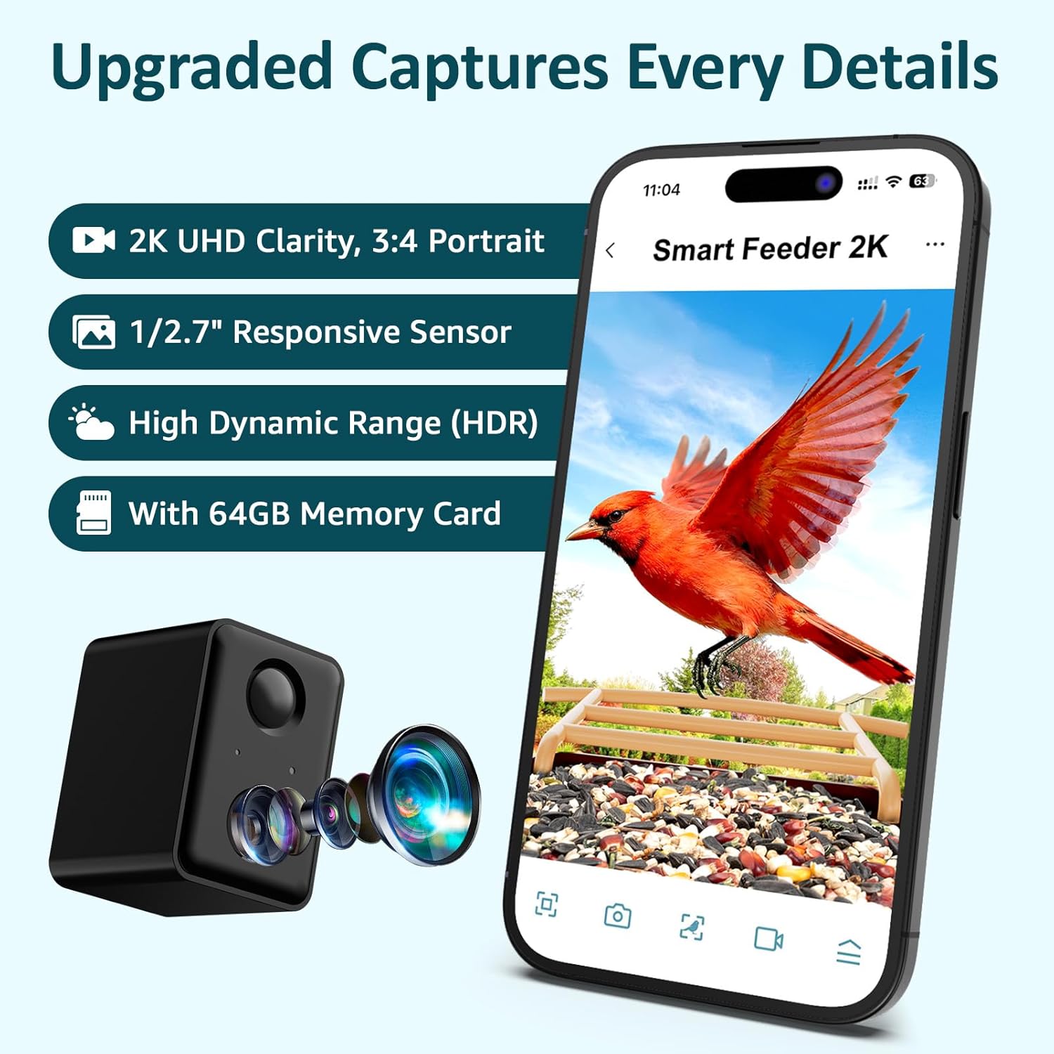 BIRDLEGEND® Bird Feeder with Camera Solar Powered, 2K Portrait Live Free AI Forever Instant Arrival Alerts with 64GB Card, Smart Camera Birds Feeders Wireless Outdoor Gift for Bird Lover, 2.4G WiFi