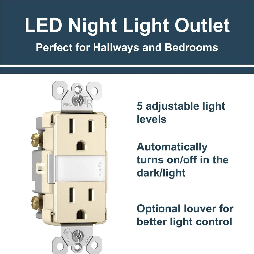 Legrand radiant NTL885TRLACC6 15 Amp Adjustable LED Night Light Outlet, Tamper Resistant Decorator Receptacle, Optional Louver, Light Almond (1 Count)