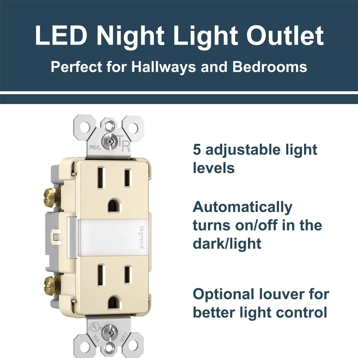 Legrand radiant NTL885TRLACC6 15 Amp Adjustable LED Night Light Outlet, Tamper Resistant Decorator Receptacle, Optional Louver, Light Almond (1 Count)