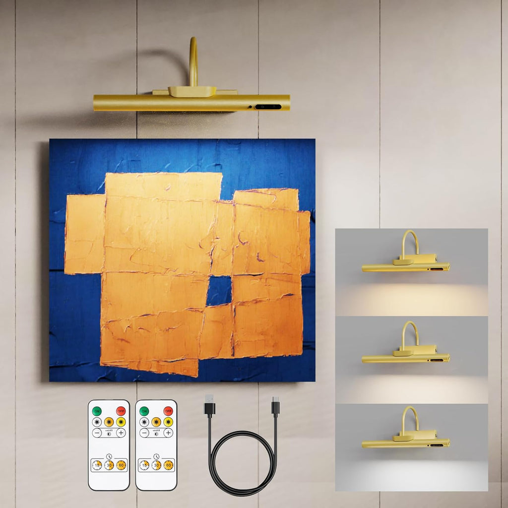 13.8inch Battery Operated Wireless Picture Light，Remote Control Painting Display Lights, Rechargeable Wall Lights with Three Modes and Power Display for Art Frame (13.8in Gold-2set)