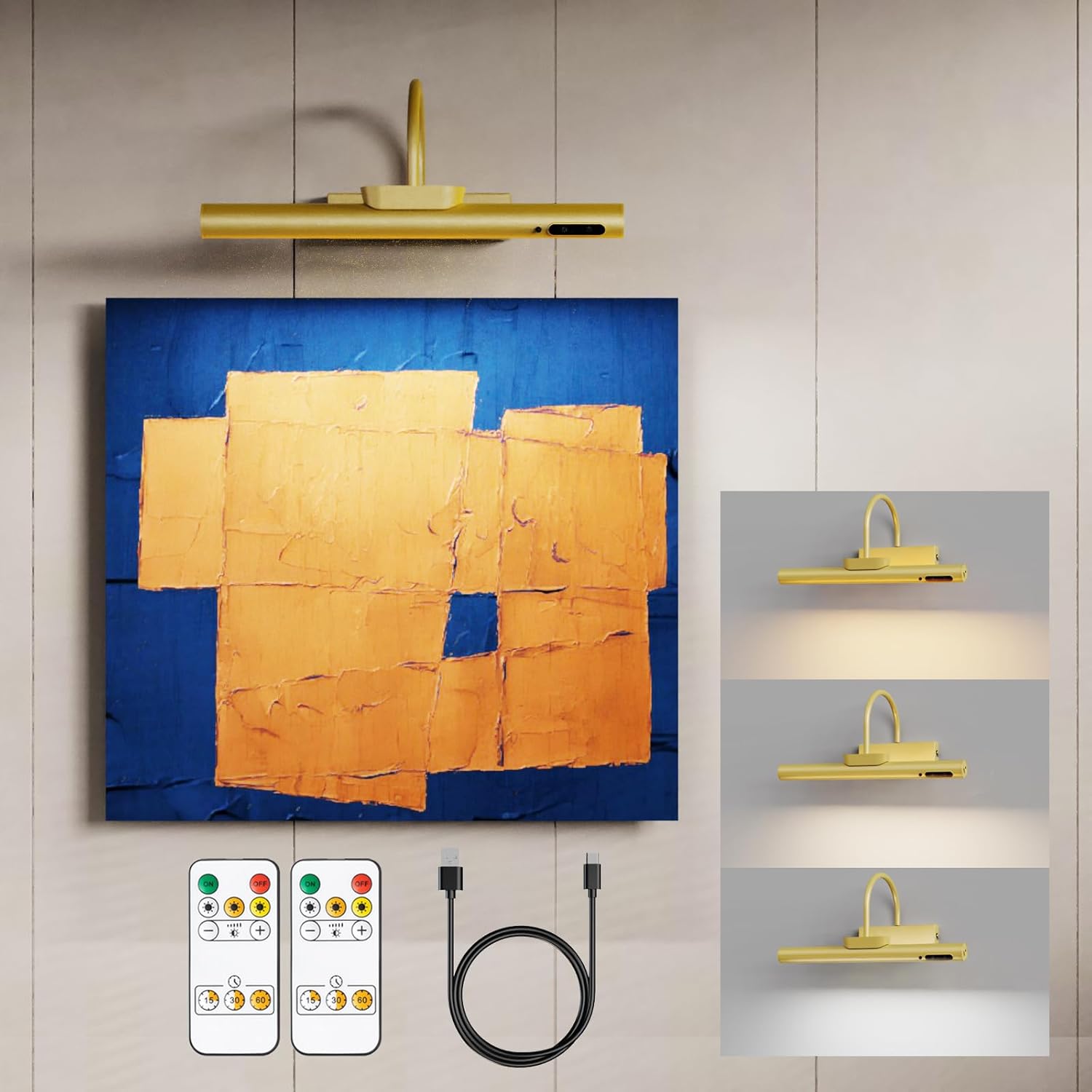 13.8inch Battery Operated Wireless Picture Light，Remote Control Painting Display Lights, Rechargeable Wall Lights with Three Modes and Power Display for Art Frame (13.8in Gold-2set)