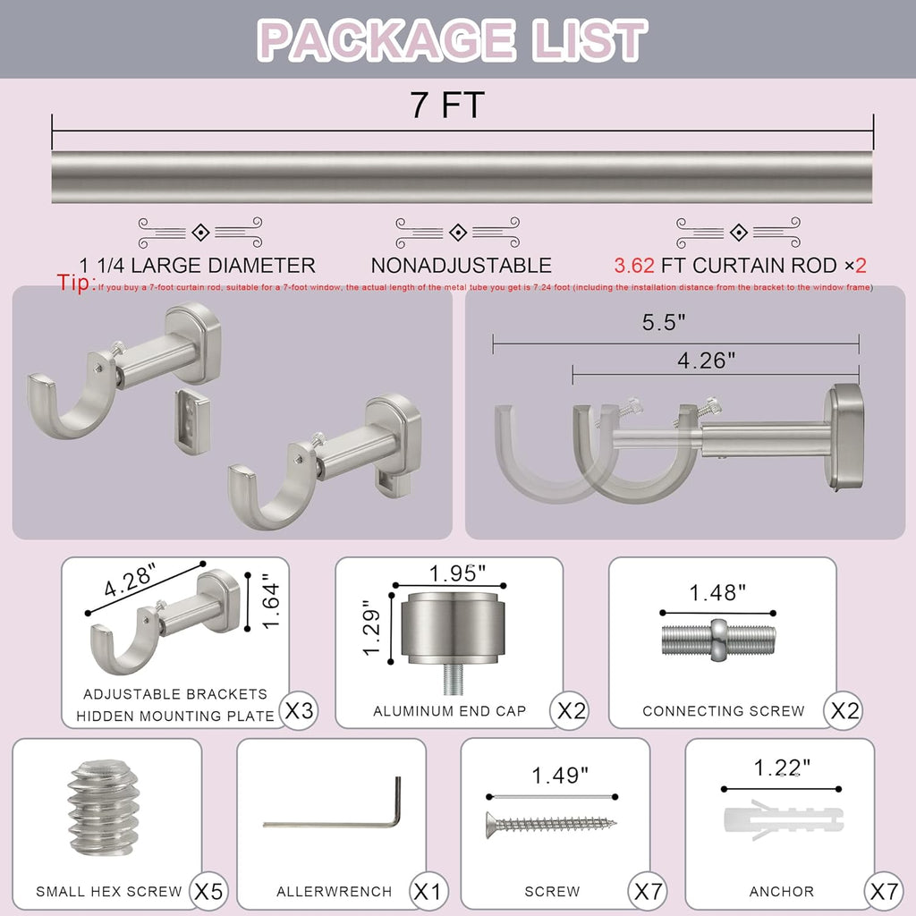 Heavy Duty Curtain Rods,1 1/4" Large Diameter Premium Nonadjustable Curtain Rod,84in/7ft Custom Window Treatment Rods with Durable Aluminum Brackets and End Caps,Brushed Nickel Finish